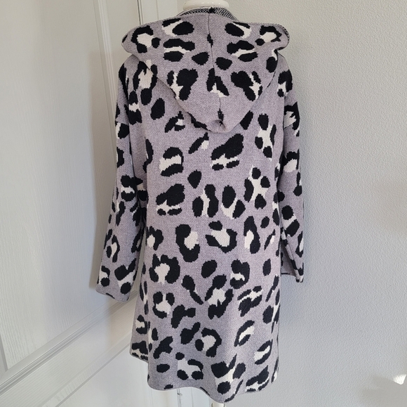 Open Front Grey Leopard Pocket Long Hooded Cardigan Size L Large - Picture 3 of 13